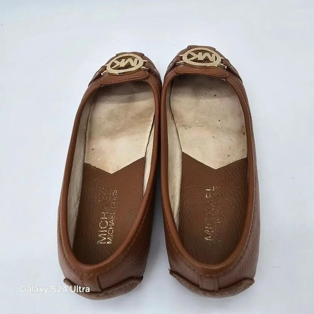 Michael Kors Fulton Moc Flats Brown Pebbled Leather Gold Metal Logo Women's 9.5M